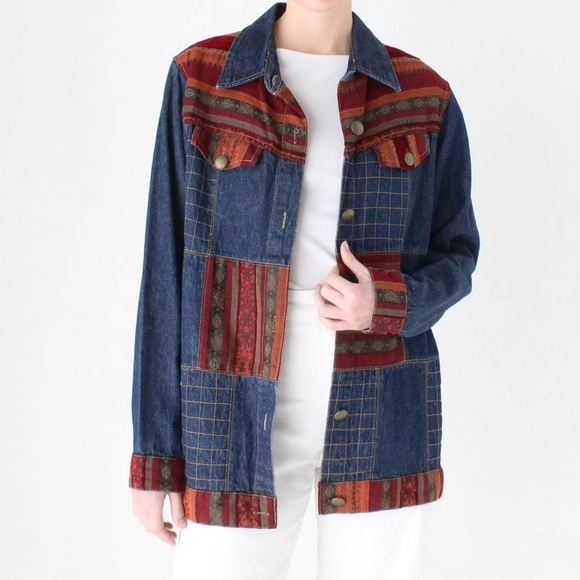 Vintage Jackets & Blazers - Vintage 90s Tibetan Woven Patchwork Panels Denim Long Line Hippie Jacket Sz S
